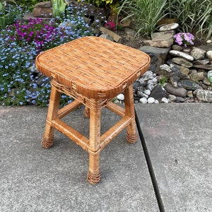 Handmade Wicker Stool | Rustic Wooden Stool with Woven Rattan Seat | Boho Furniture