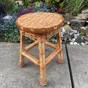 Rustic Wicker Stool | Handmade Wooden Stool with Woven Rattan Seat | Boho Home Decor