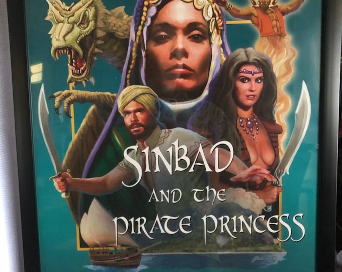 Caroline Munro, Martine Beswicke large autographed framed poster sinbad and the pirate princess