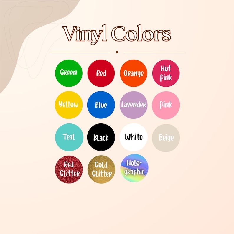 K&ouml;nnte beinhalten: Eine Farbkarte mit dem Titel "Vinyl Colors" zeigt eine Vielzahl von Vinylfarben. Die Karte enth&auml;lt Gr&uuml;n, Rot, Orange, Pink, Gelb, Blau, Lavendel, Pink, T&uuml;rkis, Schwarz, Wei&szlig;, Beige, roter Glitzer, Goldglitzer und holografisch.