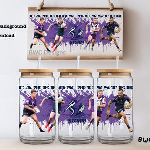 May include: Three clear tumblers with a purple and white design featuring a rugby player and the text "CAMERON MUNSTER" and "STORM".