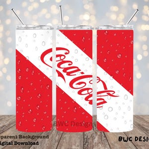 May include: Three stainless steel tumblers with a white and red Coca-Cola design. The tumblers have a white background with a red diagonal stripe and the Coca-Cola logo in red. The tumblers are covered in water droplets.