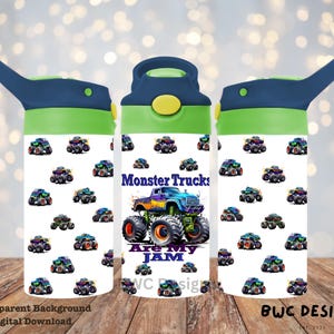 May include: A white water bottle with a green lid and a blue handle. The bottle has a repeating pattern of monster trucks with colorful paint jobs. The text "Monster Trucks Are My Jam" is printed on the front of the bottle.
