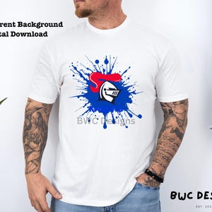 May include: White t-shirt with a blue and red knight helmet graphic in a blue paint splatter design. The text "BWC Designs" is below the graphic.