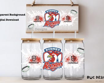 Vaso de vidrio Libbey de 16 oz de los Sydney Roosters de la NRL, diseño de sublimación/UVDTF, archivo PNG digital