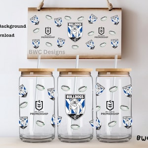 May include: Three clear glass tumblers with a white background and a repeating pattern of a rugby ball, a team logo, and the words "NRL Telstra Premiership". The team logo is a blue and white bulldog with the word "Bulldogs" above it.