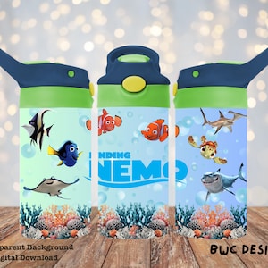 May include: Three Finding Nemo themed water bottles with blue, green and orange accents. The bottles feature characters from the film, including Dory, Nemo, Marlin and a shark. The bottles are on a white background.