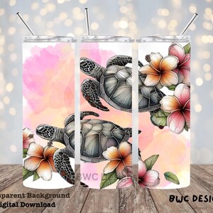 May include: Three stainless steel tumblers with a watercolour background of pink and white. The tumblers feature a design of sea turtles and tropical flowers. The text "BWC Designs" is visible on the bottom of the tumblers.