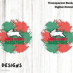 May include: Two digital clipart images of the South Sydney Rabbitohs logo. The logo features a white rabbit with red and green paint splatters in the background. The text "South Sydney Rabbitohs" is written in black below the rabbit.