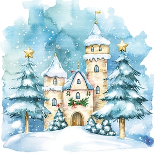 12 Magical Winter Castle Clipart, Printable Watercolor Clipart, Digital Download, High-Quality JPGs, Junk Journals, Paper Craft