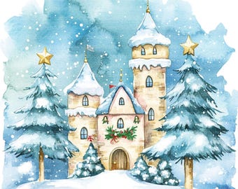 Castillo de invierno: Imágenes JPG de acuarela (descarga digital)