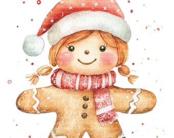 Pan de jengibre en acuarela: Imágenes PNG/JPG navideñas (descarga digital)