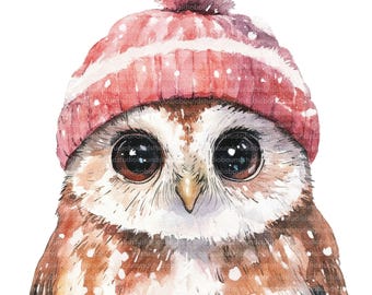 Clipart de búho invernal: Imágenes PNG/JPG de flores de acuarela (descarga digital)