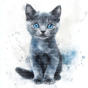 11 Russian Blue Cat Clipart, Grey Cat Clipart, Printable Watercolor Clipart, Digital Download, High-Quality PNG/JPGs, Junk Journals