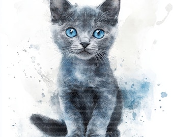 Gato azul ruso (Acuarela) - Imágenes PNG/JPG de alta calidad (Descarga digital)