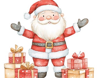 Clipart de Papá Noel en acuarela, JPG festivos (descarga digital)