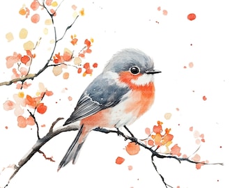 Pájaro en acuarela: Rama de árbol PNG/JPG (Descarga digital)