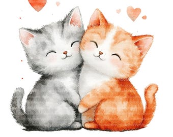 Clipart de acuarela de una linda pareja de gatos, PNG/JPG imprimible (descarga digital)