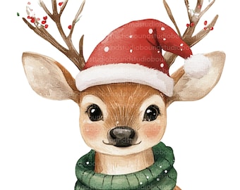 Clipart de ciervo navideño en acuarela, lindo PNG JPG festivo (descarga digital)