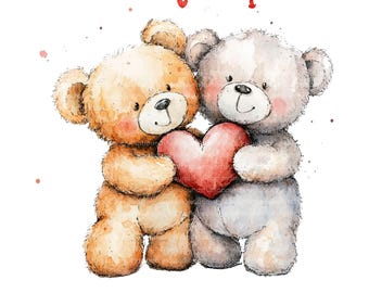 Clipart de pareja de ositos de peluche en acuarela: Gráficos de San Valentín (Descarga digital)