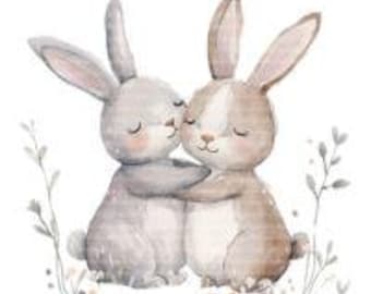 Clipart de pareja de conejitos en acuarela: San Valentín, diarios basura (descarga digital)