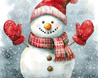 Clipart de muñeco de nieve navideño en acuarela: Imágenes JPG festivas (descarga digital)