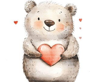 Clipart de oso de acuarela, San Valentín PNG JPG (Descarga digital)