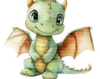 Lindo bebé dragón acuarela, imágenes PNG/JPG de alta calidad (descarga digital)