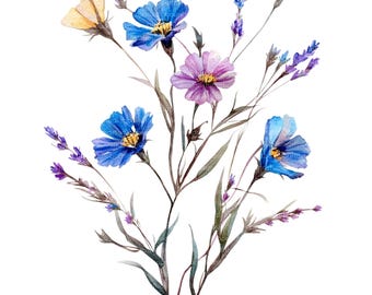 Clipart de flores silvestres en acuarela, PNG/JPG floral (descarga digital)