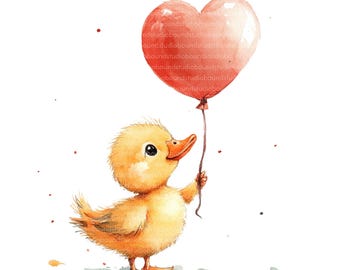 Patito de acuarela: globo de corazón PNG/JPG (descarga digital)