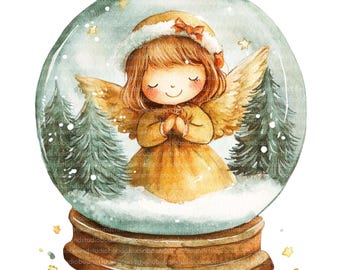 Clipart de bola de nieve navideña en acuarela: ángel, Papá Noel y ciervo (descarga digital)