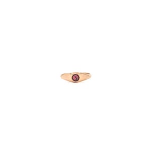 May include: A gold-toned metal ring featuring a smooth, tapered band and a single, small, round, dark red gemstone set securely in the center. The metal surface has a polished finish, and the design is simple, focusing on the central stone.