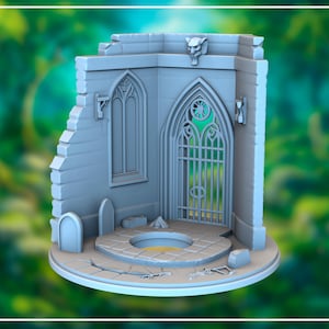 May include: A light blue miniature gothic-style structure with a weathered appearance. It features arched windows, a gated doorway, and a circular base with a well. The model includes architectural details like a gargoyle and decorative elements, suggesting a fantasy or historical theme.
