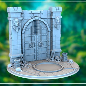 May include: A light gray miniature castle gate with a round base. The gate features a large arched doorway with a barred window and two large doors. Two sculpted faces adorn the gate's pillars. Additional props include buckets, shovels, and a circular platform.