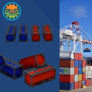 Könnte beinhalten: Das Bild zeigt mehrere industrielle Schiffscontainer. Die Container sind entweder rot oder blau und haben ein zylindrisches Tankdesign, das in einem grauen Metallrahmen eingeschlossen ist. Der Hintergrund zeigt einen Hafen mit gestapelten Schiffscontainern und einem Kran.