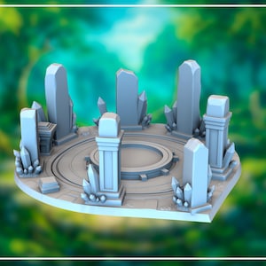 May include: A light gray miniature fantasy diorama featuring a circular platform with pillars and crystals. The platform has a central recessed area and is surrounded by vertical pillars and crystal formations. The background is a blurred green and blue forest scene.