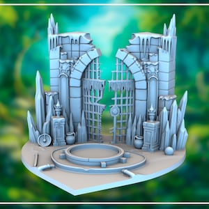 May include: A light blue fantasy diorama featuring a broken archway with a gate, surrounded by ice formations and decorative elements. The scene includes a circular platform and small vases, creating a miniature landscape.