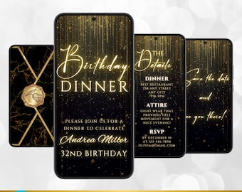 Luxury Black & Gold Birthday Dinner Video Invitation (Editable Canva Template)