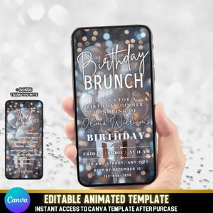 Animierte Geburtstags-Brunch-Einladung | Elegante Gold & Silber Digital-Video-Einladung | Stylische Party eCard für Erwachsene | Canva Vorlage