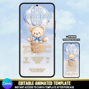 Invitación animada para baby shower con forma de oso / Podemos esperar con ansias / Video de bebé niño Evite / Globo aerostático azul / Invitación digital para baby shower