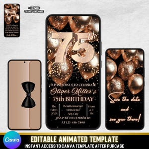 75e verjaardagsuitnodiging voor hem | Formele black tie-video-avond | Bronzen ballonnen bewerkbare canvassjabloon + bonus bedankt mp4