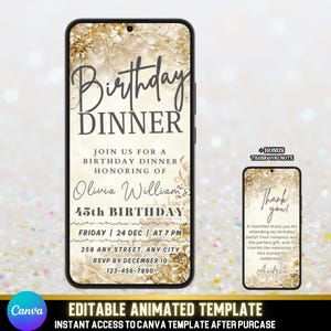 Schickes Geburtstagsessen einladen | Animiert & Personalisierbar | Elegantes Gold und Beige | Selbst bearbeitbare Canva Vorlage