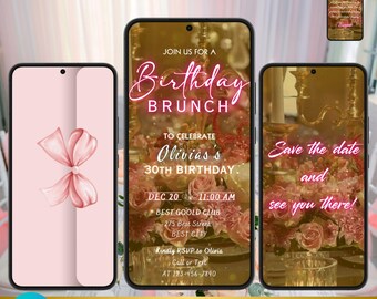 Puede incluir: Plantilla animada editable para una invitación a un brunch de cumpleaños. La plantilla presenta un esquema de color rosa y dorado con un diseño floral y un texto que dice "Únete a nosotros para un brunch de cumpleaños para celebrar el 30 cumpleaños de Olivia. 20 de diciembre, 11:00 AM, Best Goold Club, 275 Best Street, Best City. Por favor, confirma tu asistencia a Olivia, por teléfono o mensaje de texto al 123-456-7890."