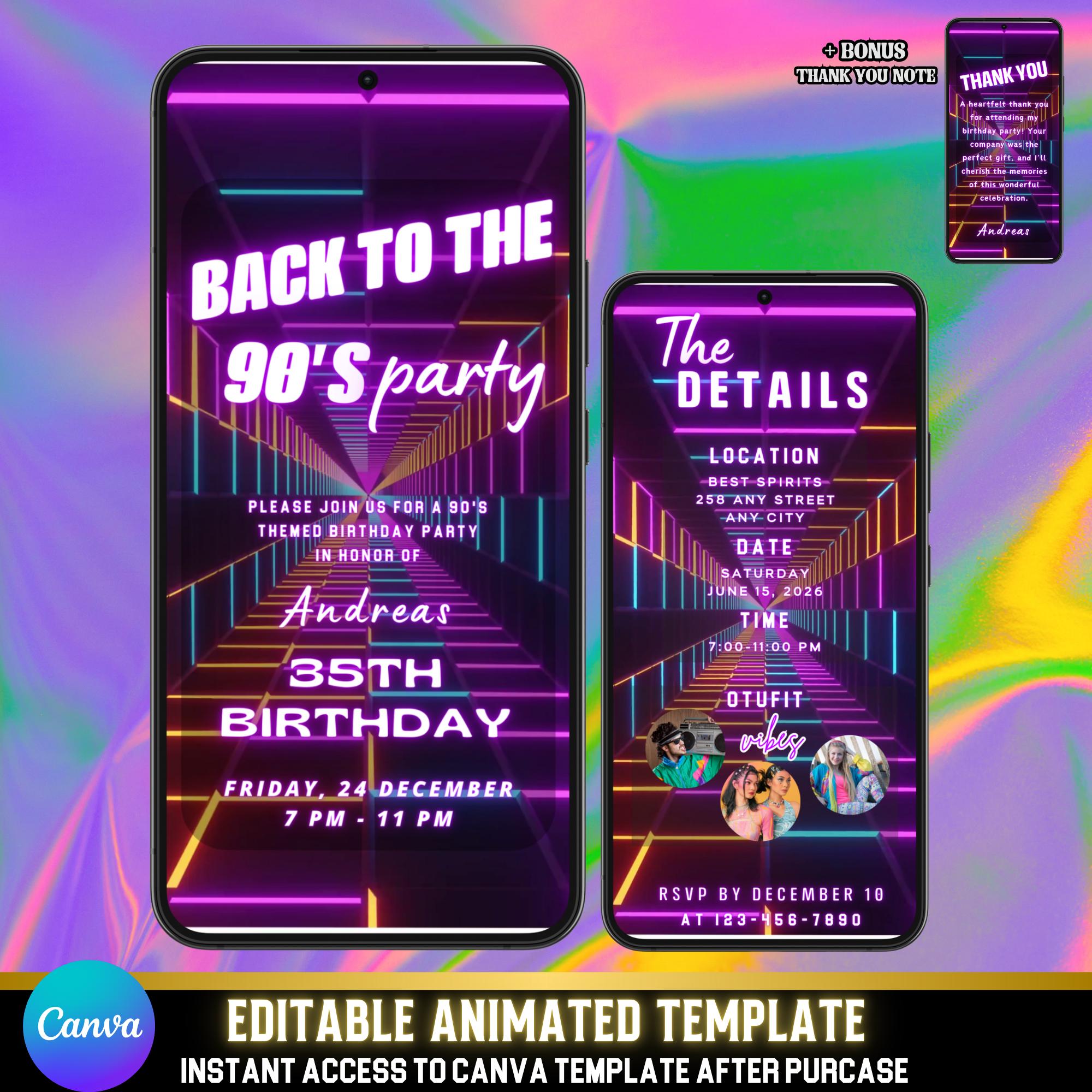 Neon 90s Party Invitation | Flashing Animated Design | Vibrant Neon ...