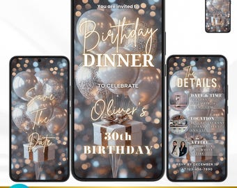 Animated Birthday Dinner Invitation | Gold & Silver Video eCard (Digital)