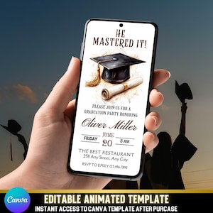 eCard animata per festa di laurea in nero e oro / eInvito per laurea magistrale o triennale / Invito digitale per laurea con video / Modello fai da te per Canva