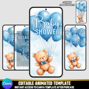 Animierte Babyparty-Einladung für einen Jungen - niedlicher fliegender Bär mit Luftballons - Pastellblau Aquarell Evite - digitale Baby Jungen-Einladung