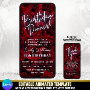 Elegante invito a cena di compleanno con video animato / Tema rosa rossa con testo argentato / Invito di compleanno digitale / Modello modificabile