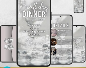 Silver Martini Birthday Dinner Invitation | Animated Elegant Evite (Digital)