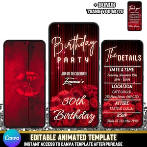 Faire-part animé rose bordeaux - Eviter un dîner rouge foncé, invitation vidéo florale pour événements spéciaux
